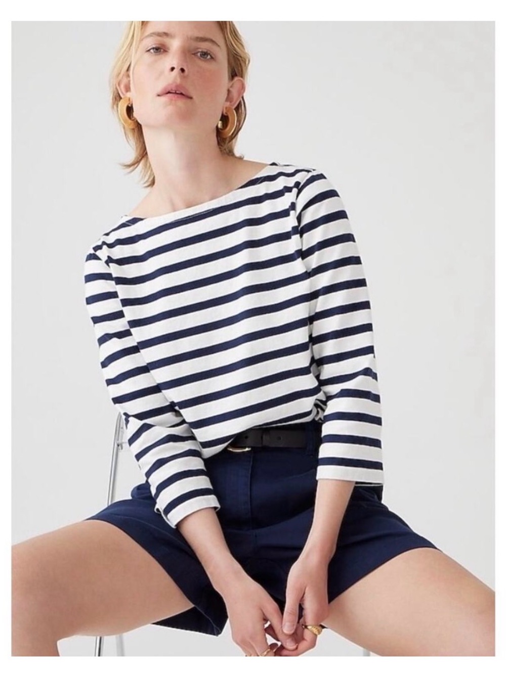 J. Crew Classic Fit 100% Cotton Boatneck Striped T-Shirt White Navy Size Med NWT